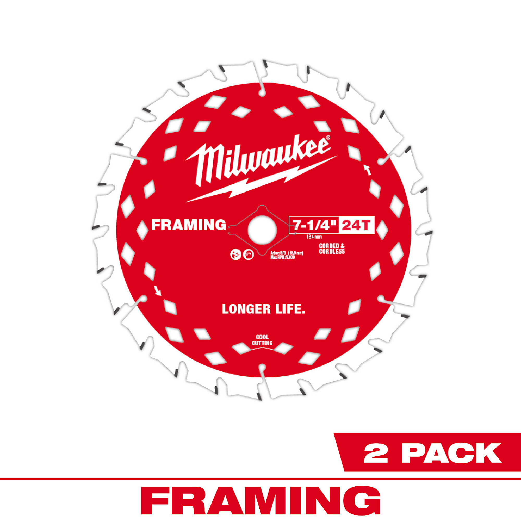 Milwaukee Framing Circular Saw Blades, 2-Pk., 7 1/4in. x 24 Tooth, Model# 48-40-0722